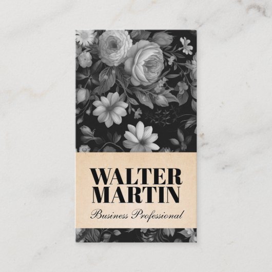 Zwart Wit Elegant Bloemen Achtergrond Visitekaartje (Voorkant)