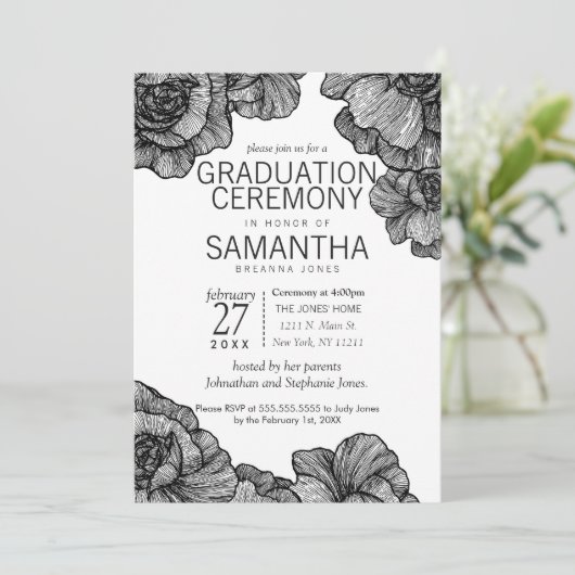 Zwart-wit Elegant Bloemen Afstuderen Ceremonie Kaart (Staand voorkant)