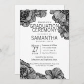 Zwart-wit Elegant Bloemen Afstuderen Ceremonie Kaart (Voorkant / Achterkant)