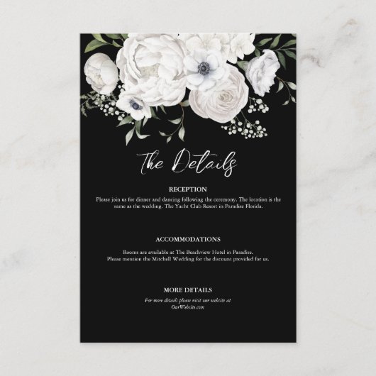 Zwart-wit Elegant Bloemen Boeket Modern Informatiekaartje (Voorkant)