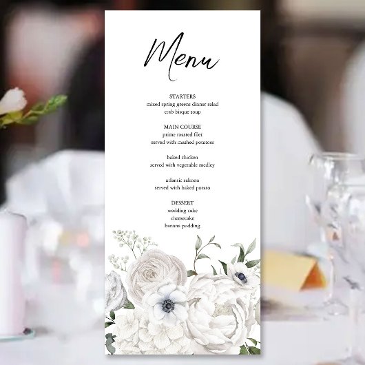 Zwart-wit Elegant Bloemen Boeket Modern Menu