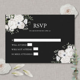 Zwart-wit Elegant Bloemen Boeket Modern RSVP Kaartje