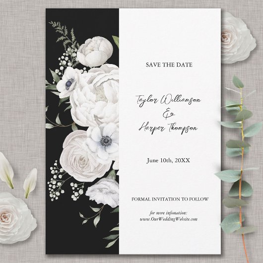 Zwart-wit Elegant Bloemen Boeket Modern Save The Date