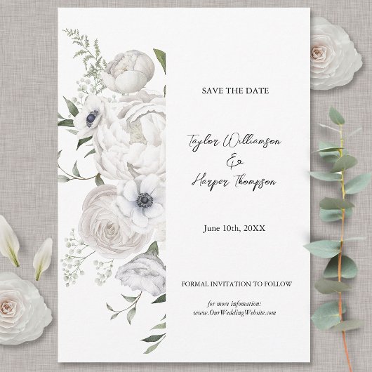 Zwart-wit Elegant Bloemen Boeket Modern Save The Date