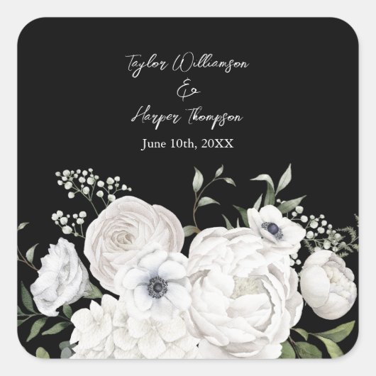 Zwart-wit Elegant Bloemen Boeket Modern Vierkante Sticker (Voorkant)