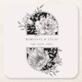 Zwart-wit Elegant Bloemen Bruiloft Kartonnen Onderzetters (Voorkant)