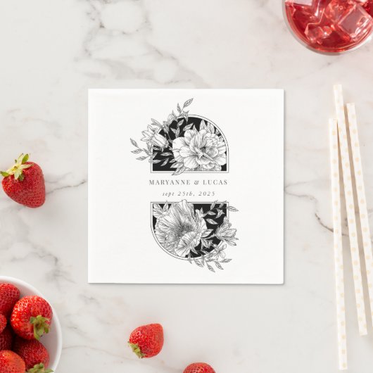 Zwart-wit Elegant Bloemen Bruiloft Servet (Insitu)