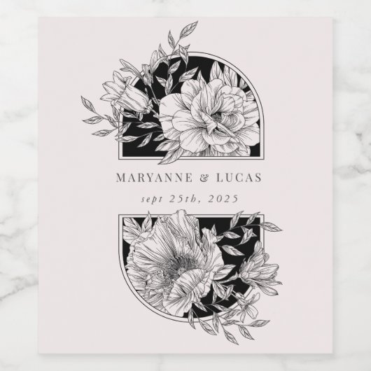 Zwart-wit Elegant Bloemen Bruiloft Wijn Etiket (Enkel label)