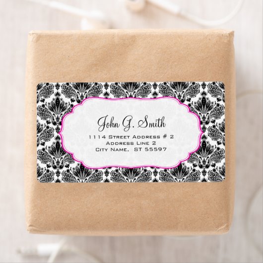 Zwart & Wit Elegant Bloemen Damasks Patroon Etiket (Insitu)