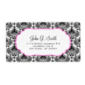 Zwart & Wit Elegant Bloemen Damasks Patroon Etiket (Voorkant)