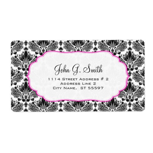 Zwart & Wit Elegant Bloemen Damasks Patroon Etiket (Voorkant)