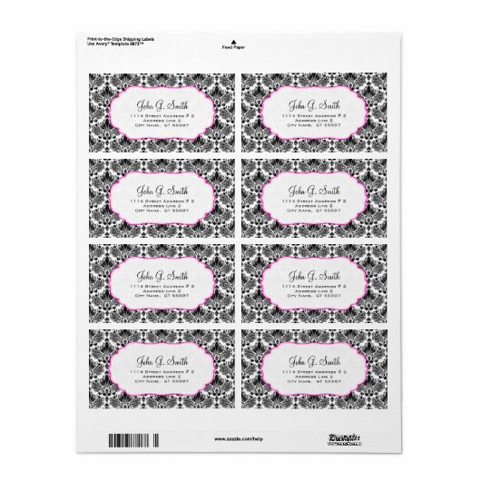 Zwart & Wit Elegant Bloemen Damasks Patroon Etiket (Full Sheet)