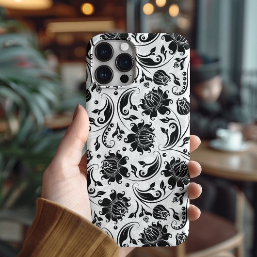 Zwart-wit Elegant Bloemen Damast Patroon Case-Mate iPhone Case