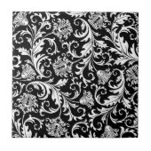Zwart & Wit Elegant Bloemen Damast Patroon Tegeltje (Voorkant)