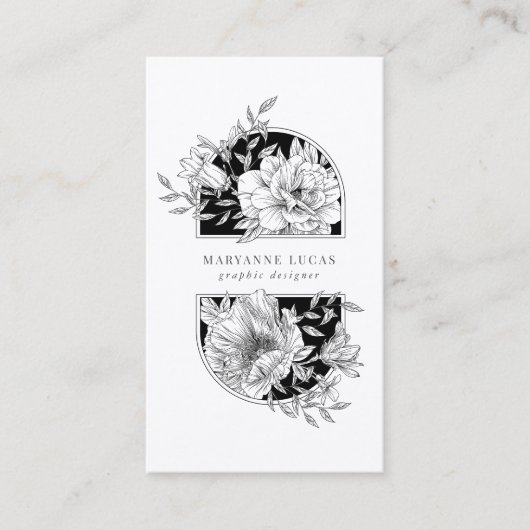 Zwart-wit Elegant Bloemen Visitekaartje (Voorkant)
