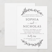 Zwart-wit elegant bloemenrepetitie diner kaart (Voorkant / Achterkant)