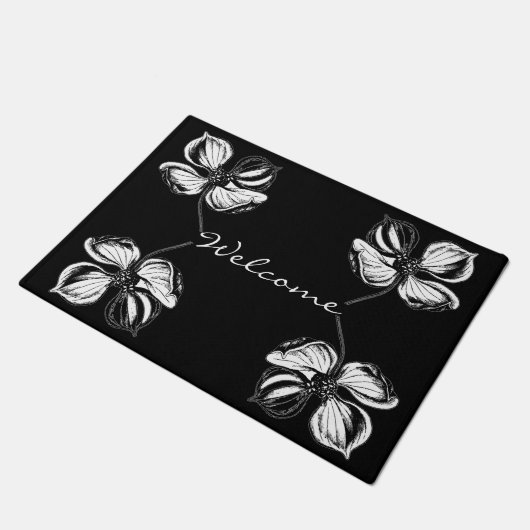 Zwart-wit Elegant Bloempatroon Deurmat (Schuin)