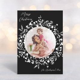 Zwart & Wit Elegant Boho Wildflower Kerstmis Feestdagenkaart