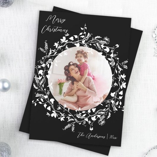 Zwart & Wit Elegant Boho Wildflower Kerstmis Feestdagenkaart