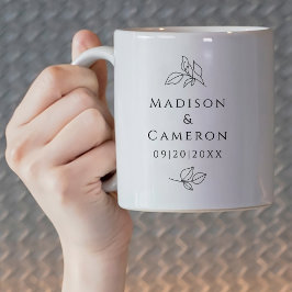 Zwart Wit Elegant Bruiloft Bladeren Namen Datum Koffiemok