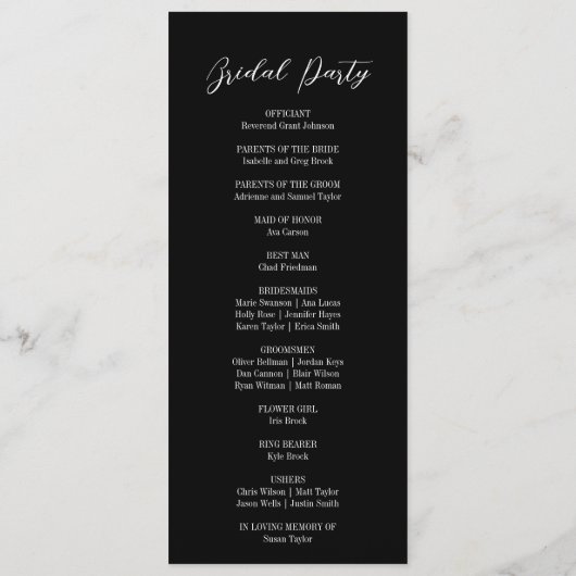 Zwart-wit Elegant Bruiloft Party Programma Programmakaart (Achterkant)