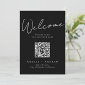 Zwart Wit Elegant Bruiloft QR Code Zittingkaart (Staand voorkant)