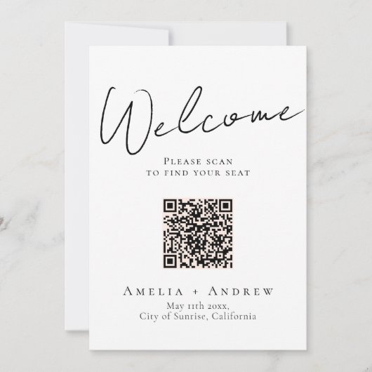 Zwart Wit Elegant Bruiloft QR Code Zittingkaart (Voorkant)