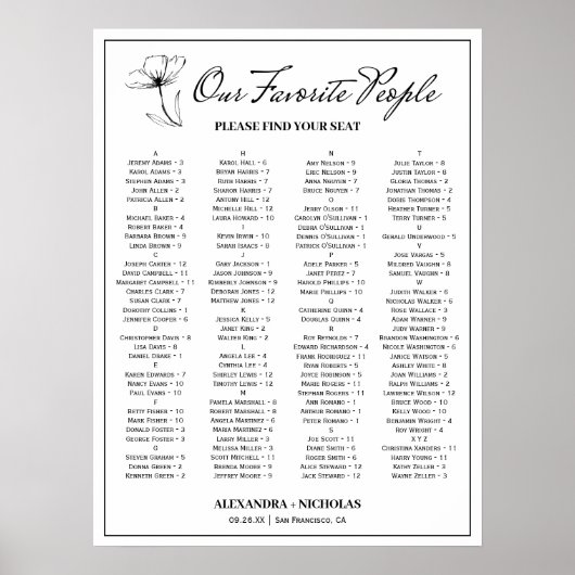 Zwart-wit Elegant Bruiloft Zitplaatskaart Teken Poster (Voorkant)