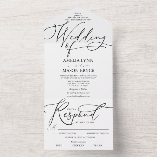 Zwart-wit Elegant Calligraphy Script Wedding All In One Uitnodiging (Binnen)