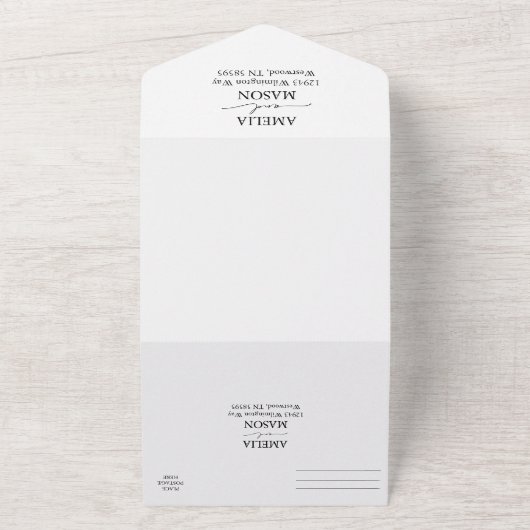 Zwart-wit Elegant Calligraphy Script Wedding All In One Uitnodiging (Buitenkant)