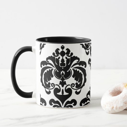 Zwart & wit elegant chic damastpatroon mok (Met donut)