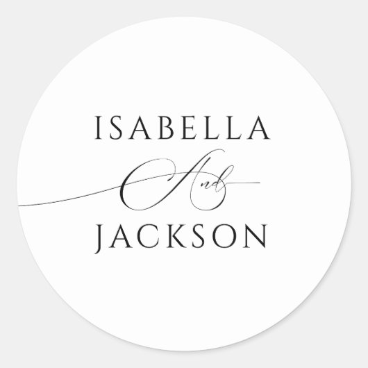Zwart & Wit Elegant Chic Paar Namen Trouwen Ronde Sticker (Voorkant)