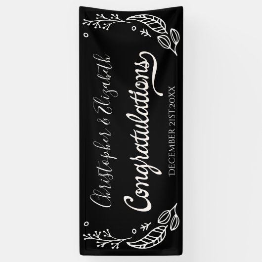 Zwart Wit Elegant Chic Wedding Gefeliciteerd Spandoek (Verticaal)