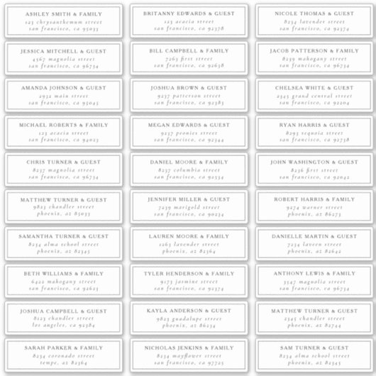 Zwart-wit Elegant Chique Gast Namen Adres Sticker (Voorkant)