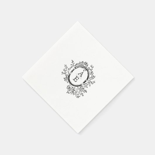 Zwart-wit Elegant Crest Monogram Bruiloft Servet (Hoek)