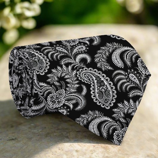 Zwart & Wit Elegant Damask Bloemenpatroon Stropdas