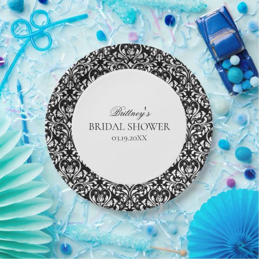 Zwart-wit Elegant Damask Vrijgezellenfeest Papieren Bordje (Feest)
