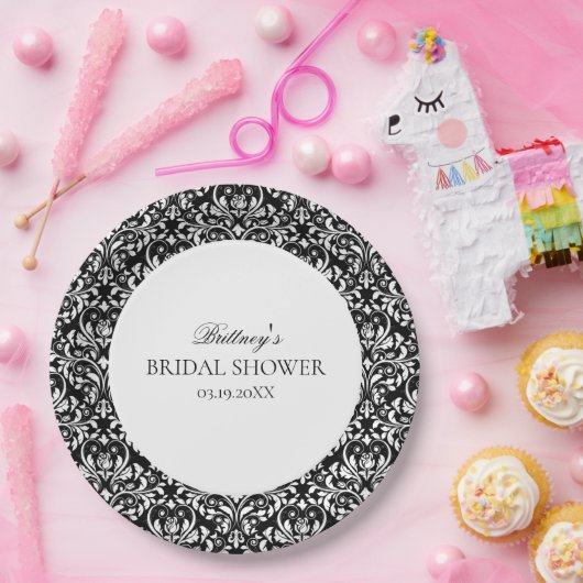 Zwart-wit Elegant Damask Vrijgezellenfeest Papieren Bordje (Feest)
