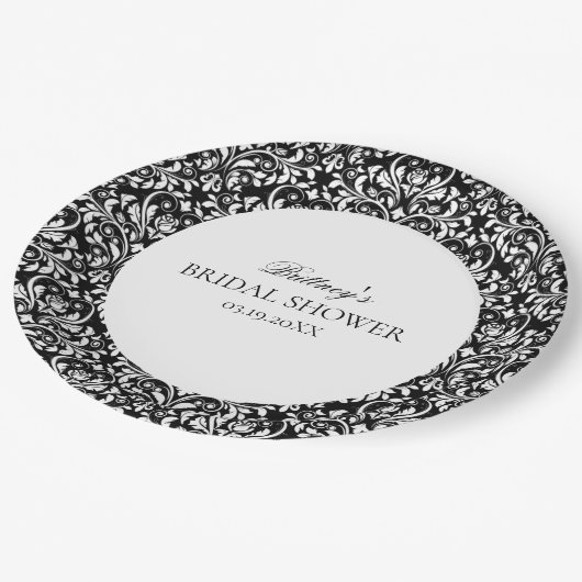 Zwart-wit Elegant Damask Vrijgezellenfeest Papieren Bordje (Gekanteld)