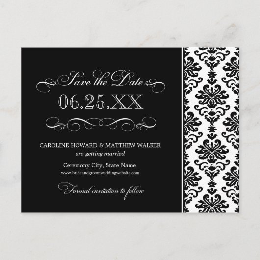Zwart-wit Elegant Damast Save the Date Aankondigingskaart (Voorkant)