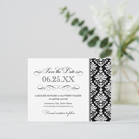 Zwart-wit Elegant Damast Save the Date Aankondigingskaart (Staand voorkant)