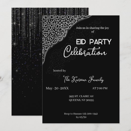 Zwart & wit elegant Eid-feest uitnodiging (Voorkant / Achterkant)