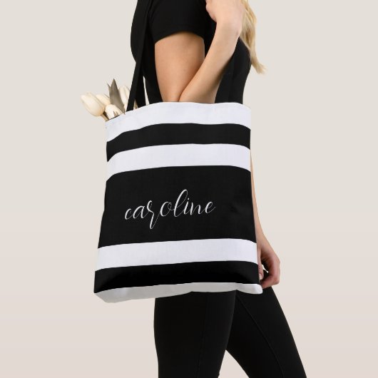 Zwart-wit elegant en eenvoudig gestreept tote bag (Dichtbij)