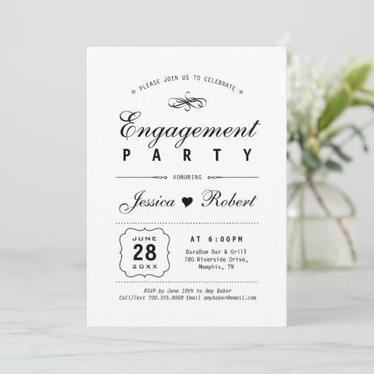 Zwart-wit | Elegant Engagement Party Kaart (Staand voorkant)