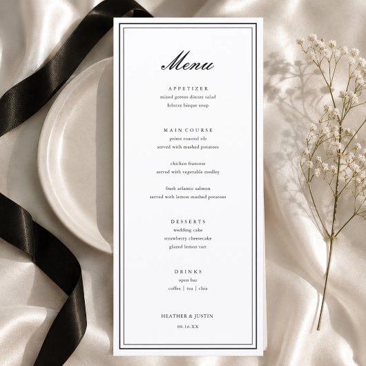 Zwart-wit Elegant Formeel Huwelijk Menu