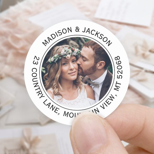 Zwart & Wit Elegant Foto Retouradres Bruiloft Ronde Sticker