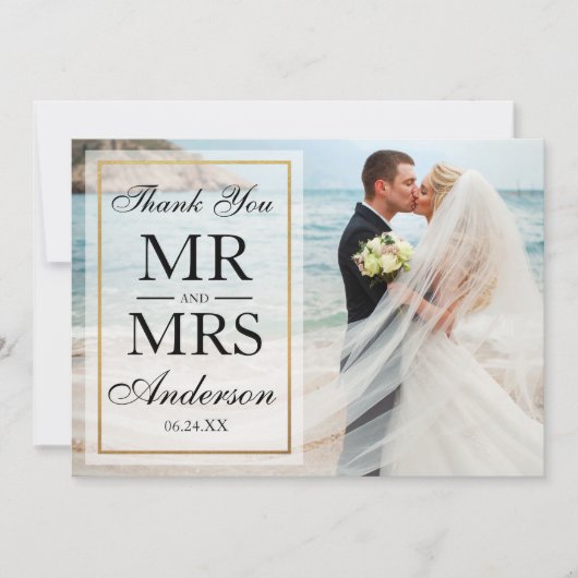 Zwart Wit Elegant Goud Lijst Trouwfoto Bedankkaart (Voorkant)