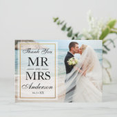 Zwart Wit Elegant Goud Lijst Trouwfoto Bedankkaart (Staand voorkant)