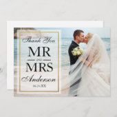 Zwart Wit Elegant Goud Lijst Trouwfoto Bedankkaart (Voorkant / Achterkant)