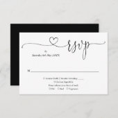 Zwart-wit Elegant Hart Script RSVP Kaartje (Voorkant / Achterkant)